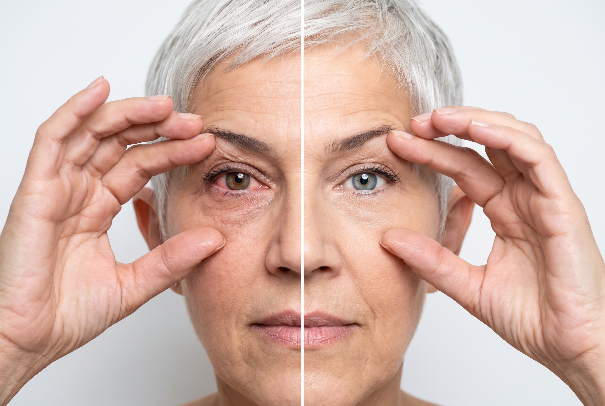 Before and after dry eye relief, the same woman's eyes side by side